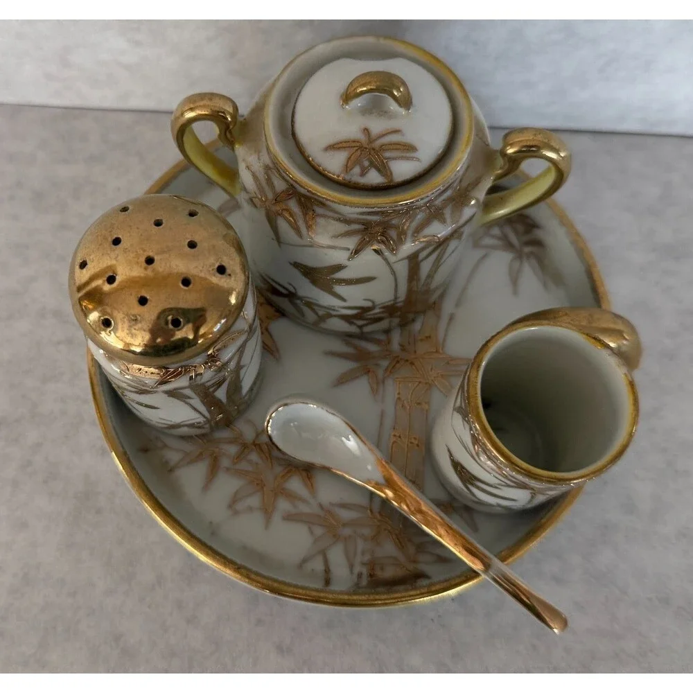 Gold Porcelain Condiment Set, Made in Japan, Mini or Demitasse Size
